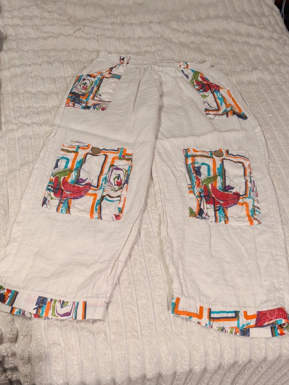 White Women's Linen Cargo Pants with Colorblock Patch Pockets